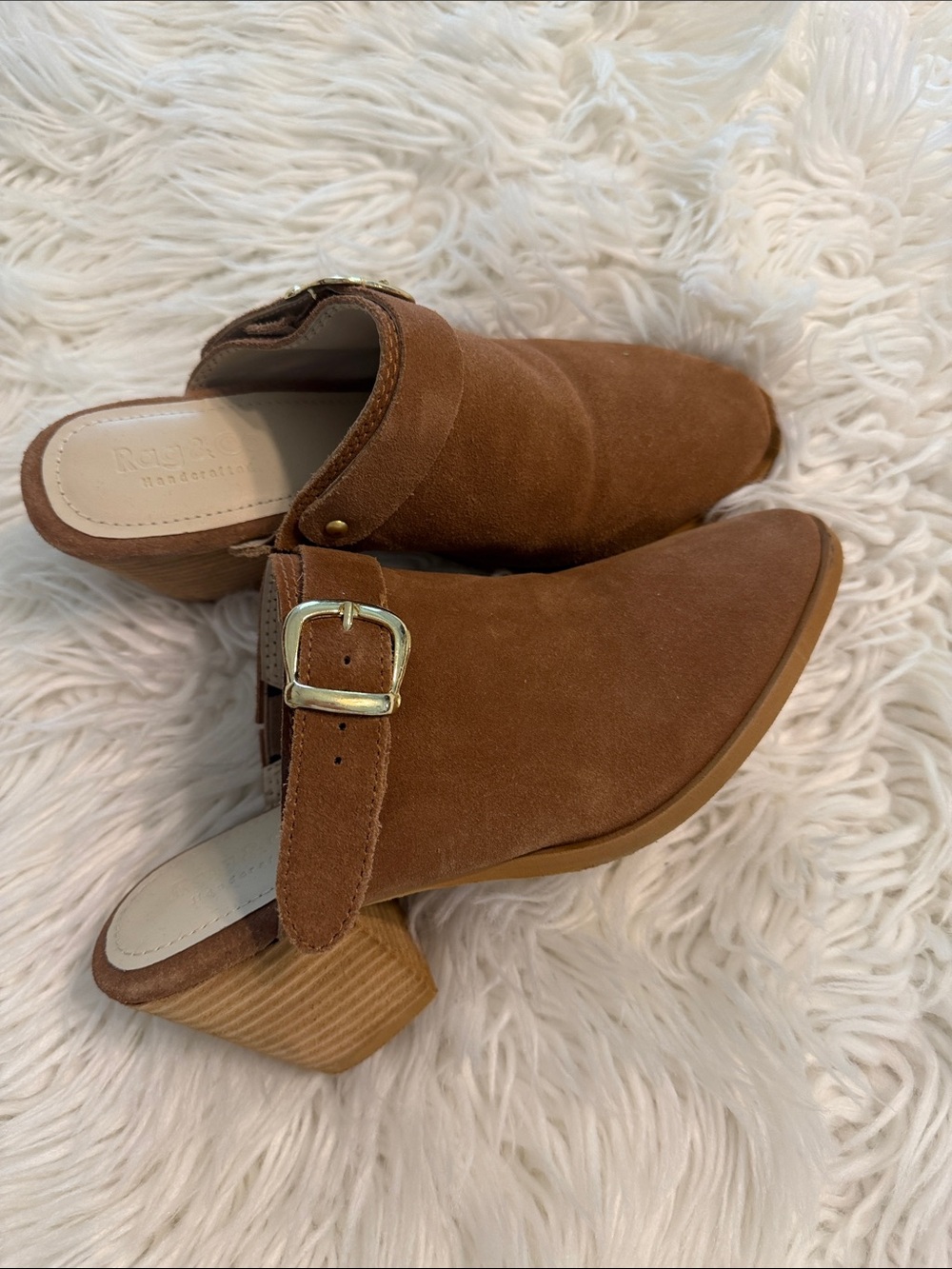 RAG & CO  Cognac Suede Buckle Mules size 8 excellent condition see all photos